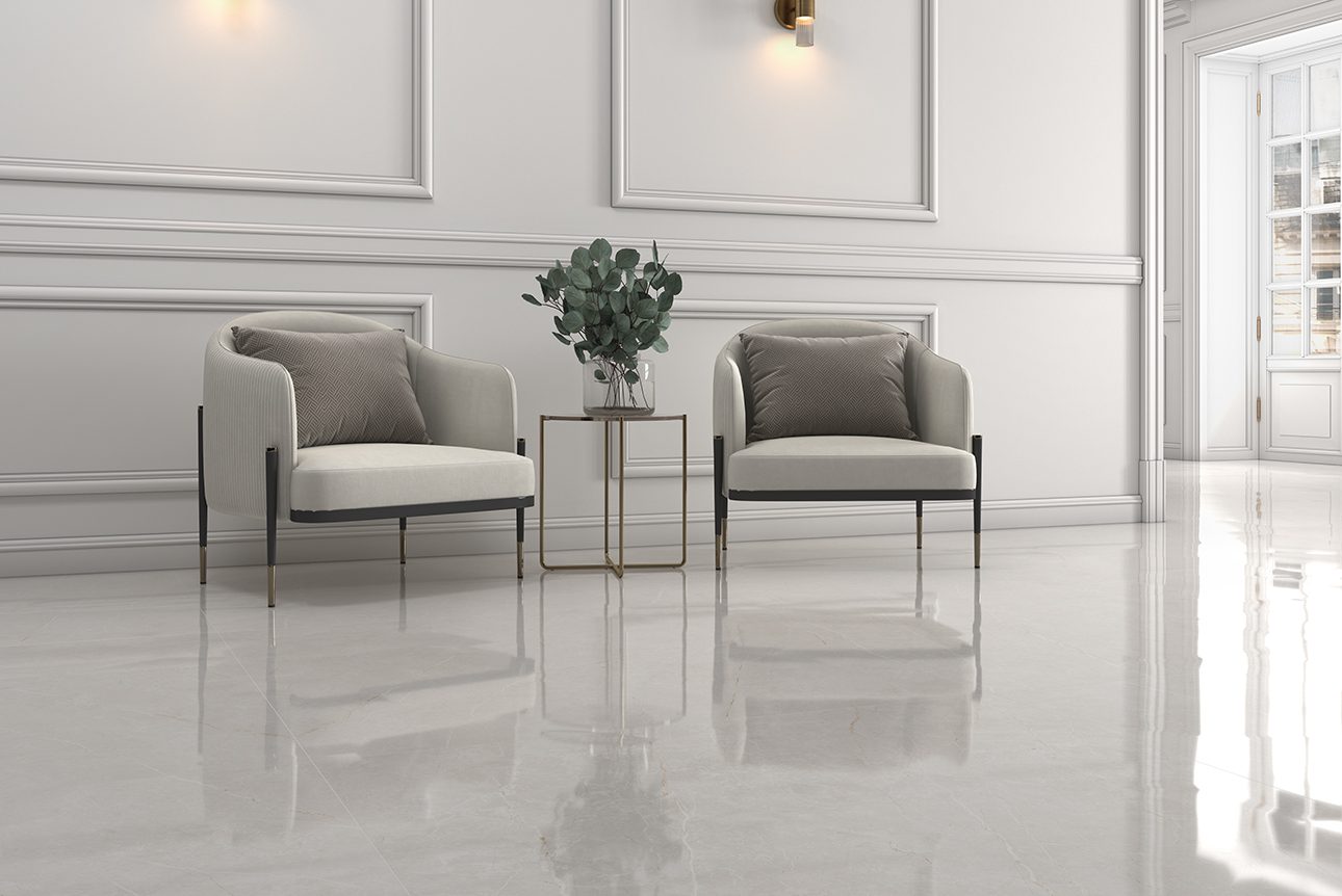 Marmorefektiga poleeritud keraamiline põrandaplaat Tau Elite White Pol, 120x120 cm, 9 mm, valge, rektifitseeritud