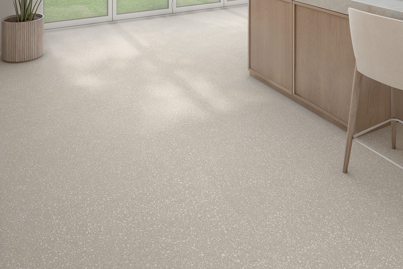 Terrazzo mustriga matt keraamiline põrandaplaat Tau Portobello Sand, 60x60 cm, 9 mm, liivabeež, R10, rektifitseeritud