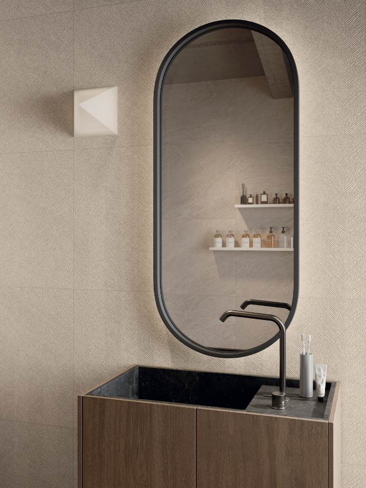 Stone effect decorative porcelain tile ABK Cliff Chevron Sand, 60x120 cm, 8.5 mm, herringbone 3D relief, matt