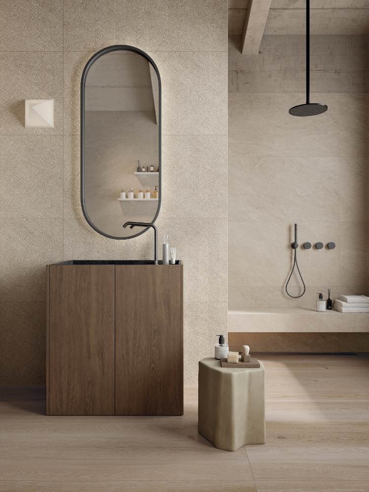 Stone effect decorative porcelain tile ABK Cliff Chevron Sand, 60x120 cm, 8.5 mm, herringbone 3D relief, matt