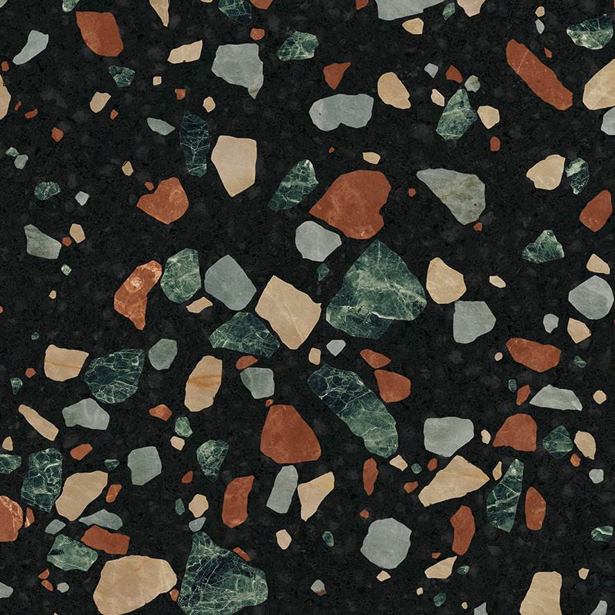 Terrazzo effect porcelain floor tile ABK Play Drops Multiblack, 20x20 cm, 8.5 mm, matt (nat.)
