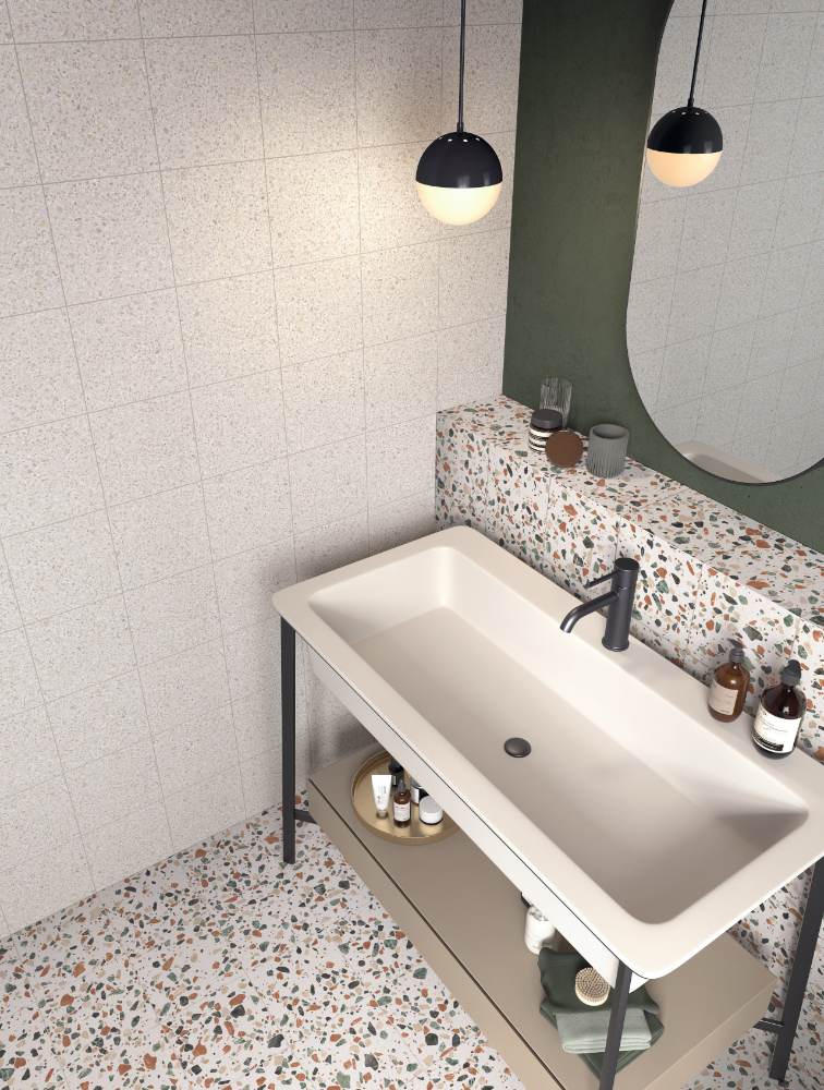 Terrazzo effect porcelain floor tile ABK Play Dots White, 20x20 cm, 8.5 mm, matt (nat.)