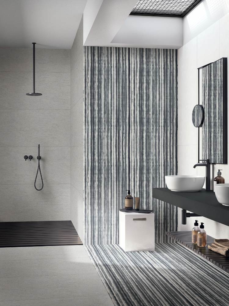 Stone effect decorative porcelain tile ABK Poetry Stone Reloaded Batik Graphite, 60x120 cm, 8.5 mm, patterned decor, matt