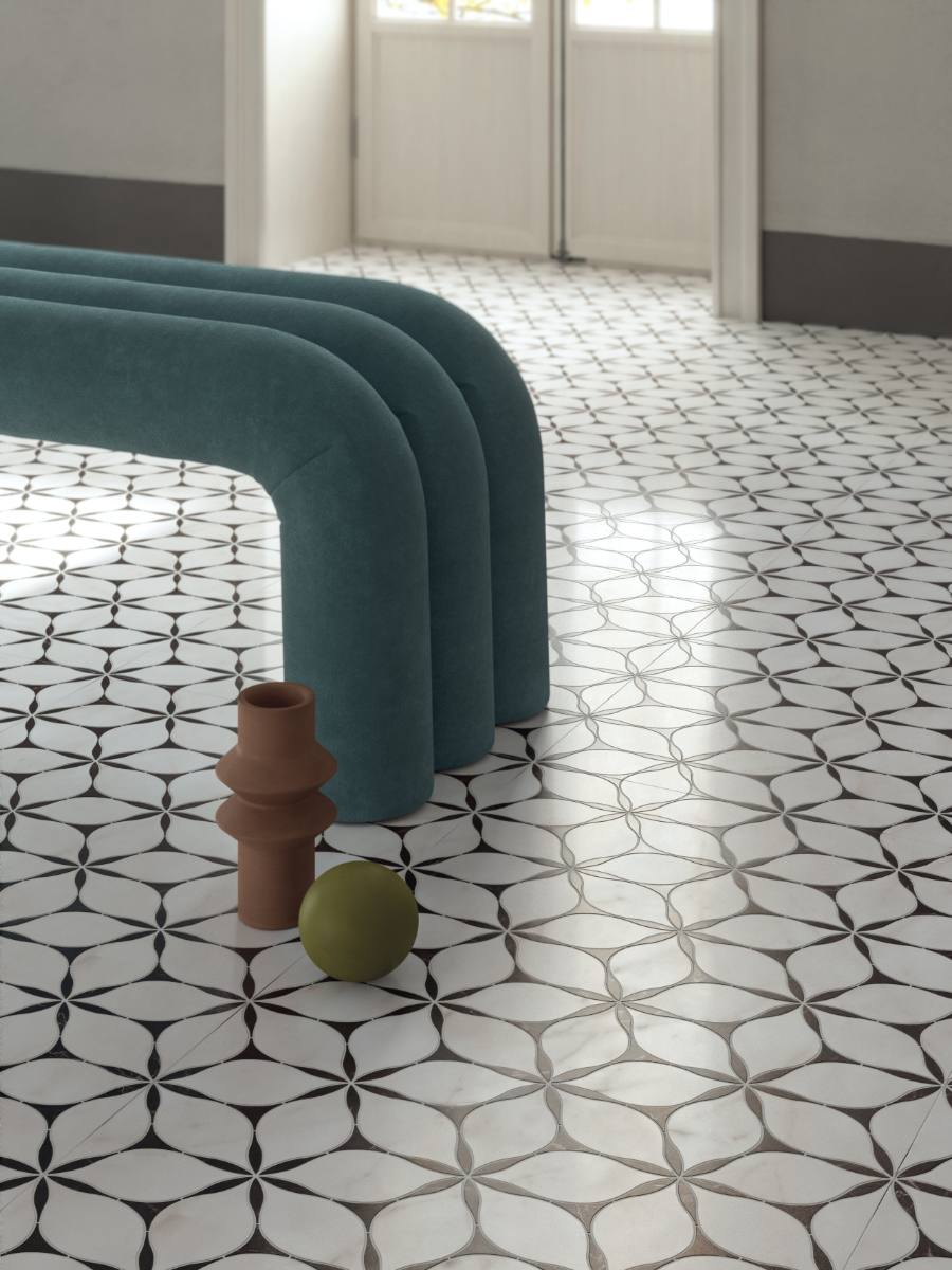 Marble mosaic effect porcelain tile ABK Sensi Fantasy Flower, 60x120 cm, 8.5 mm, polished 3D textured (lux 3D)