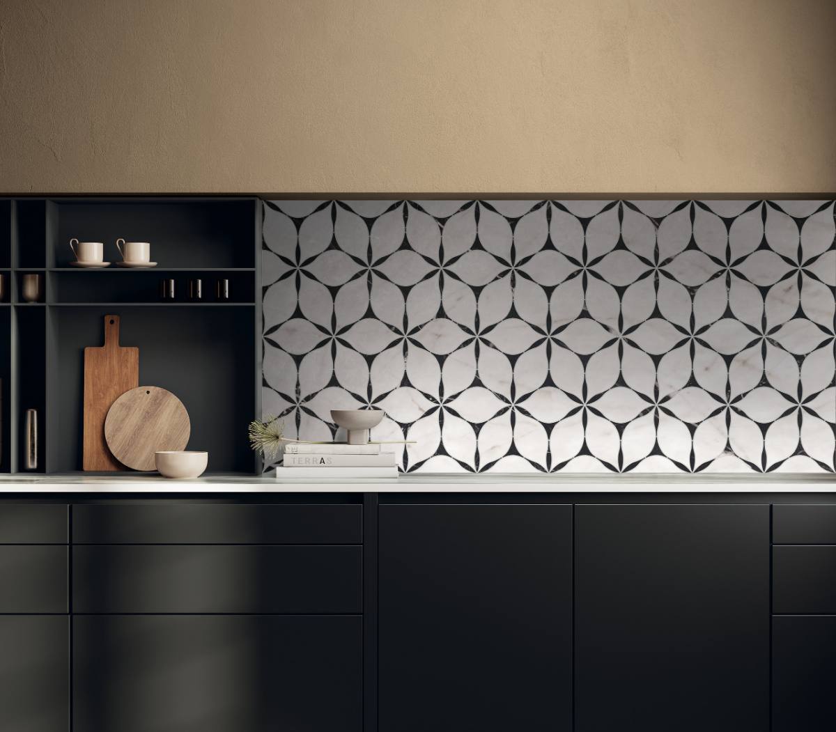 Marble mosaic effect porcelain tile ABK Sensi Fantasy Flower, 60x120 cm, 8.5 mm, polished 3D textured (lux 3D)