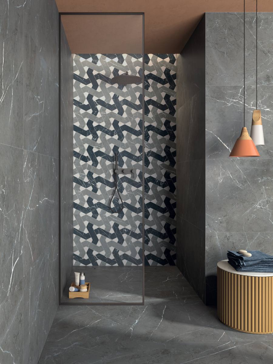Marble mosaic effect porcelain tile ABK Sensi Fantasy Zigzag, 60x120 cm, 8.5 mm, polished 3D textured (lux 3D)