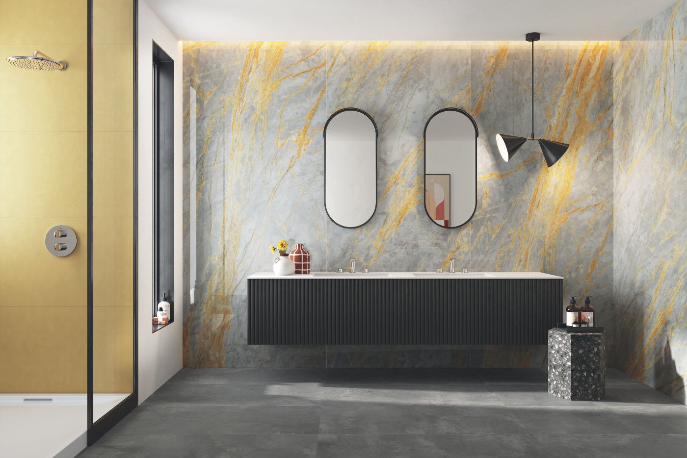 Marble effect mosaic tile ABK Sensi Signoria Ventaglio Grigio Siena, 28x60 cm, 8.5 mm, polished (lux)