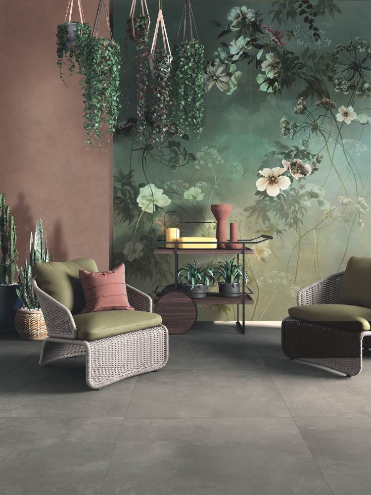 Patterned large porcelain decor slab ABK Wide&Style Country Flowers Pink A, 160x320 cm, 6 mm, matt