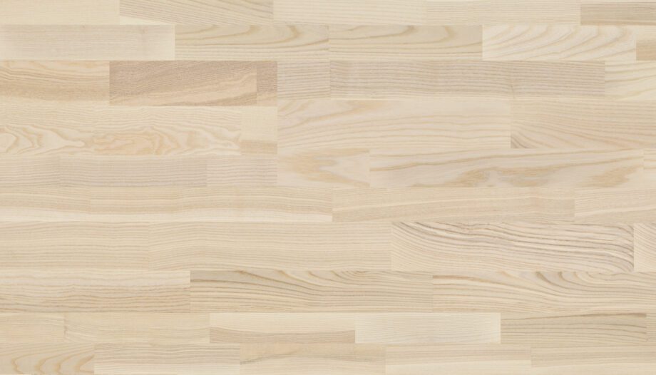 Ash Parquet Flooring 3-Strip Esta Elegant White matt lacquered – close-up Ash Parquet Flooring 3-Strip Esta Elegant White matt lacquered – 3