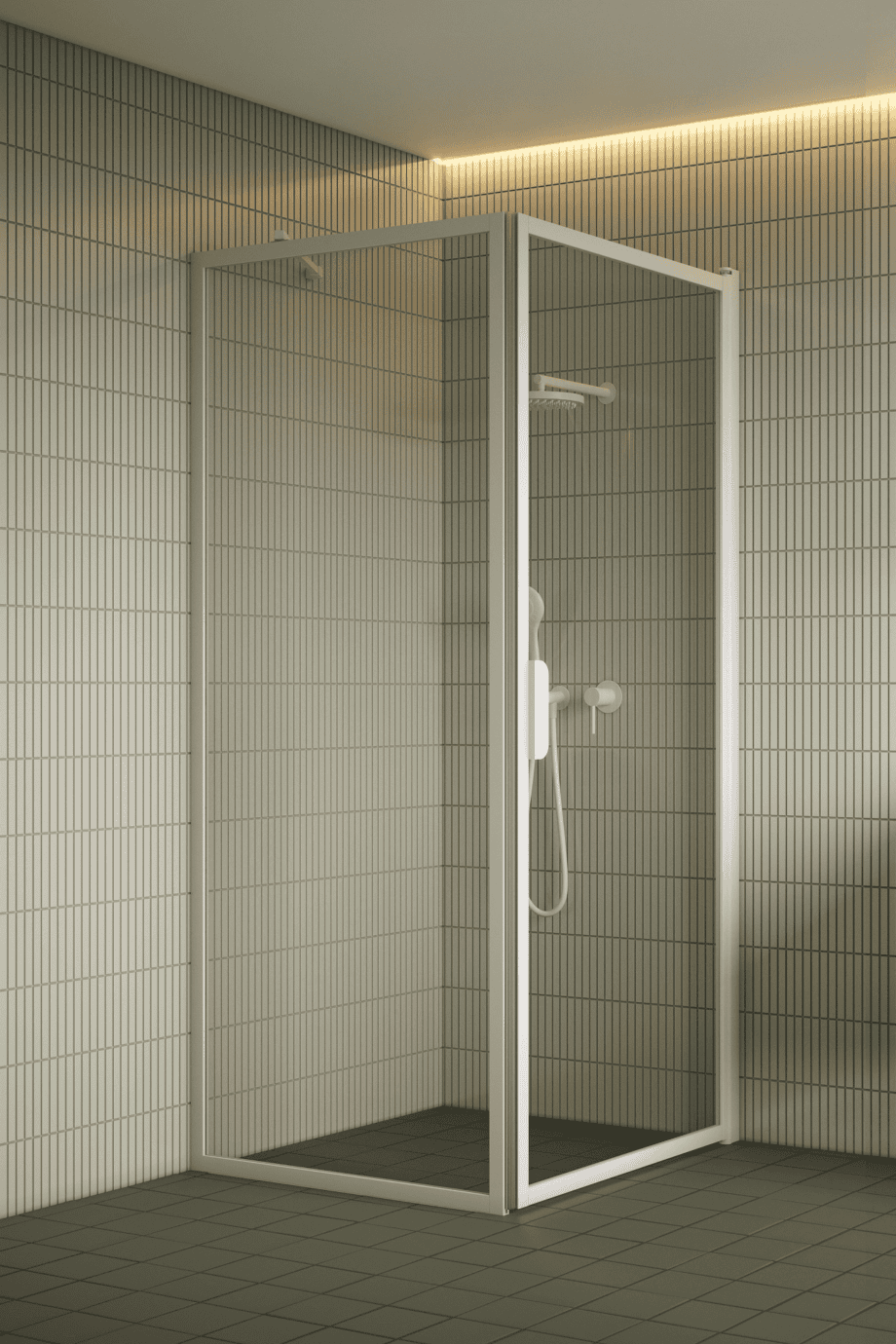 Shower enclosure Hietakari Bläk 755 New York, white frame, clear glass Shower enclosure Hietakari Bläk 755 New York, fixed wall + hinged door