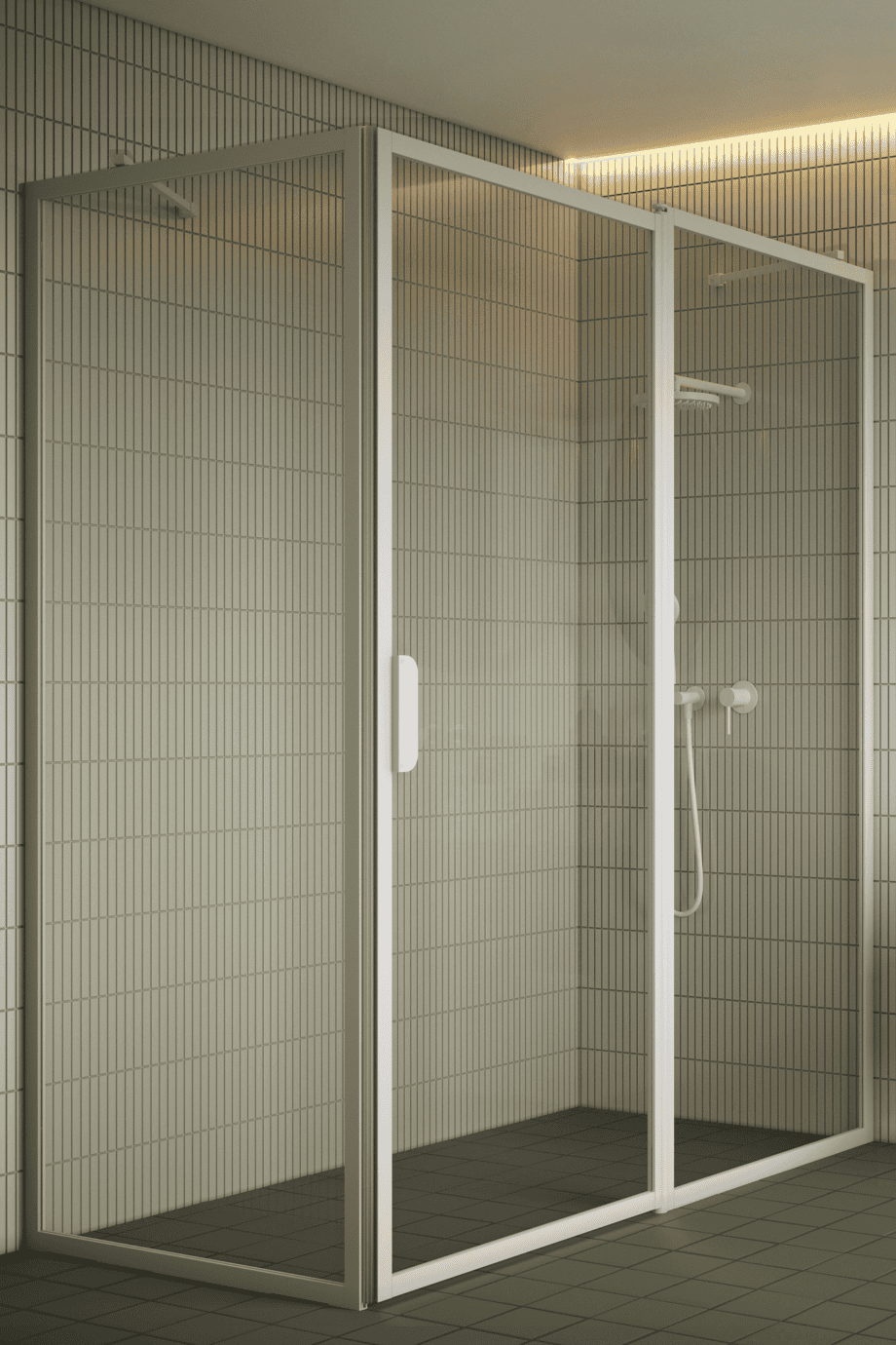 Shower enclosure Hietakari Bläk 756 New York, white frame, clear glass Shower enclosure Hietakari Bläk 756 New York, fixed wall + hinged door with fixed part