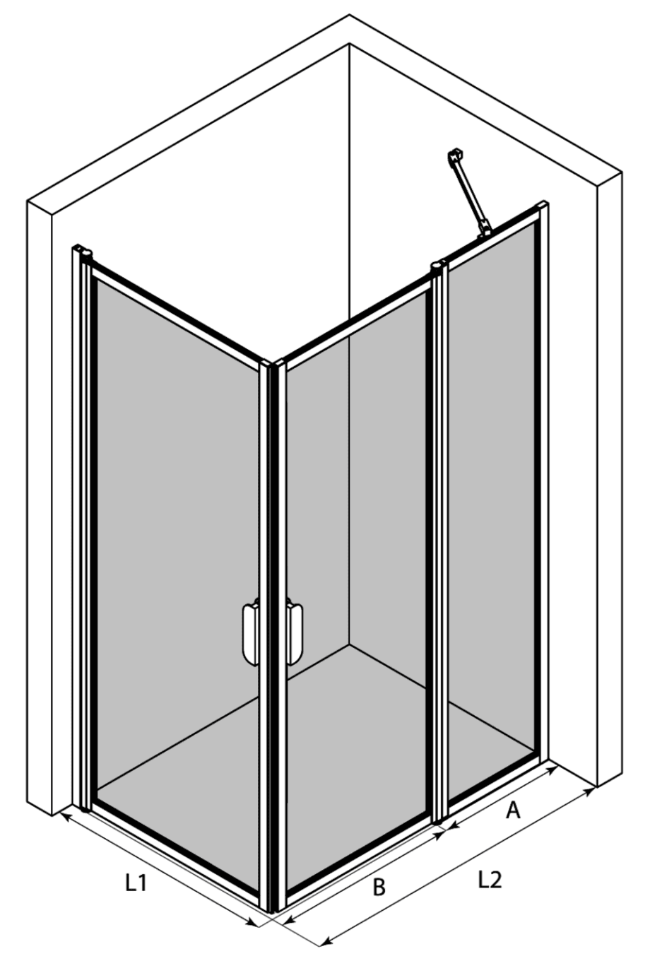 Shower enclosure Hietakari Bläk 758 New York – 3D drawing Shower enclosure Hietakari Bläk 758 New York, hinged door + hinged door with fixed part – 3