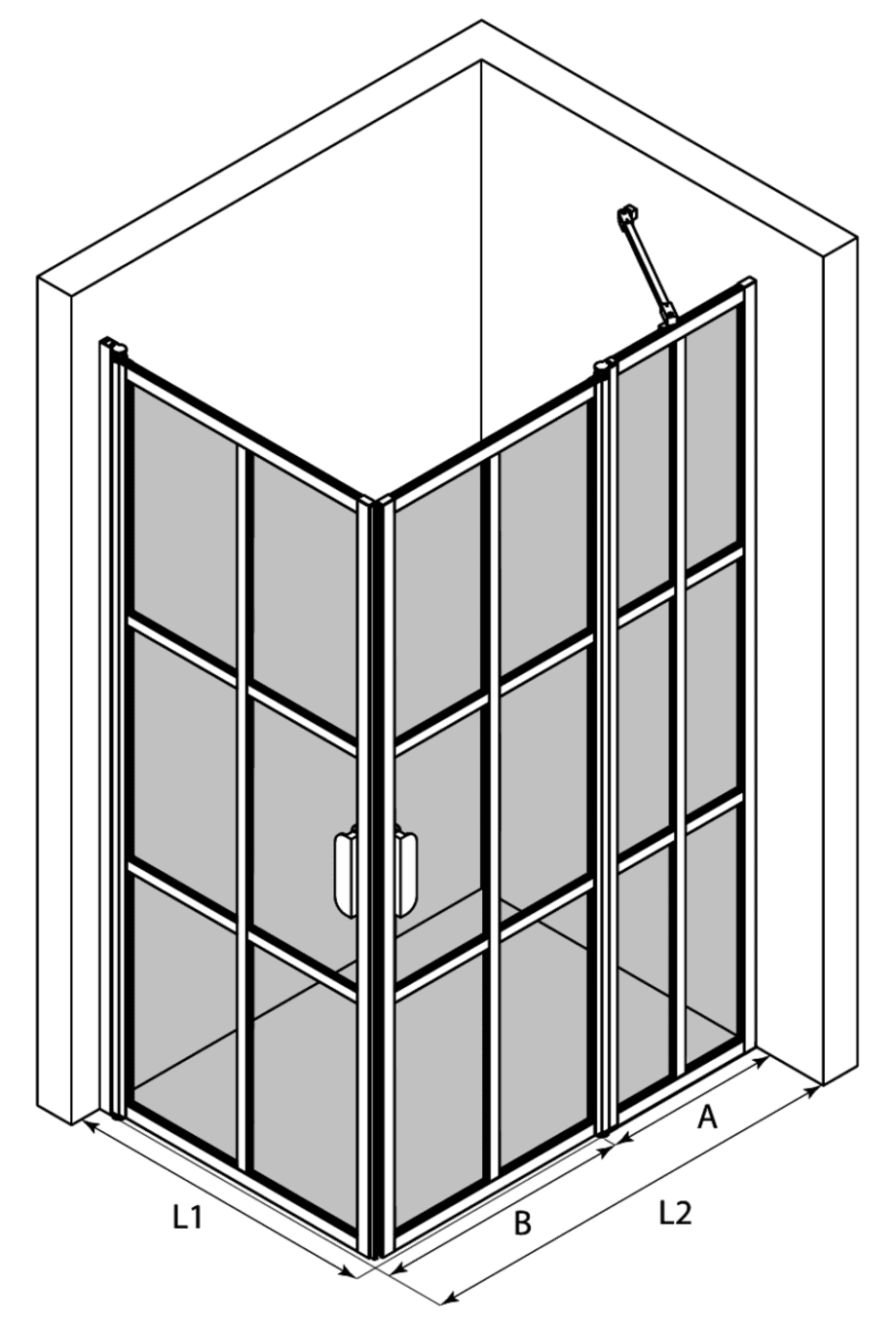 Shower enclosure Hietakari Bläk 768 Paris – 3D drawing Shower enclosure Hietakari Bläk 768 Paris, hinged door + hinged door with fixed part – 3