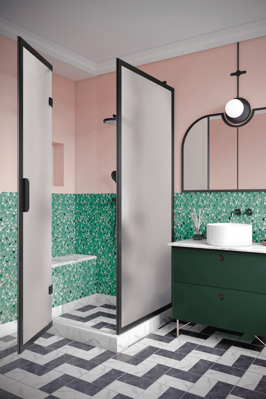 Shower enclosure Hietakari Bläk 887 New York, black frame, satin frosted glass