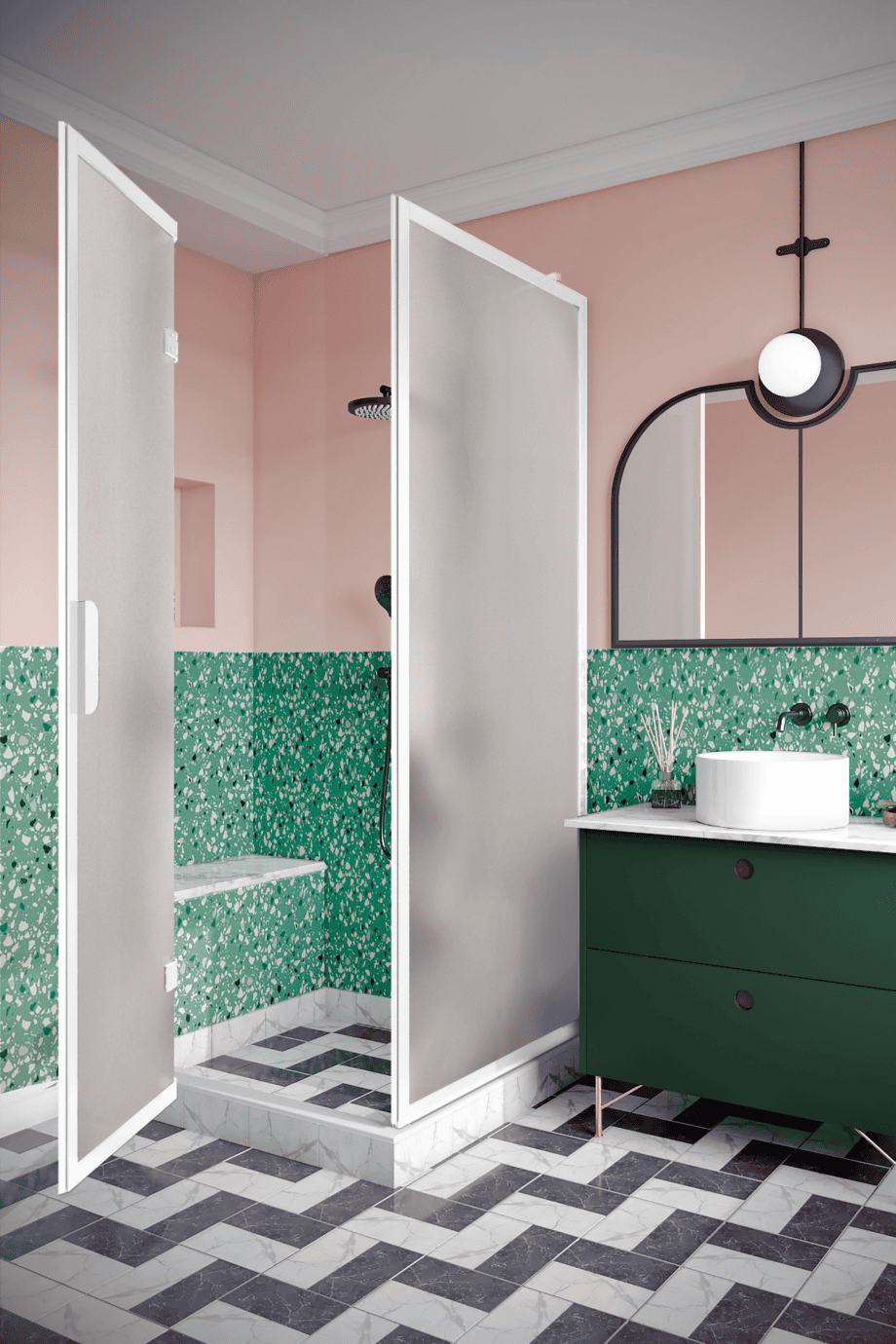 Shower enclosure Hietakari Bläk 887 New York, white frame, satin frosted glass