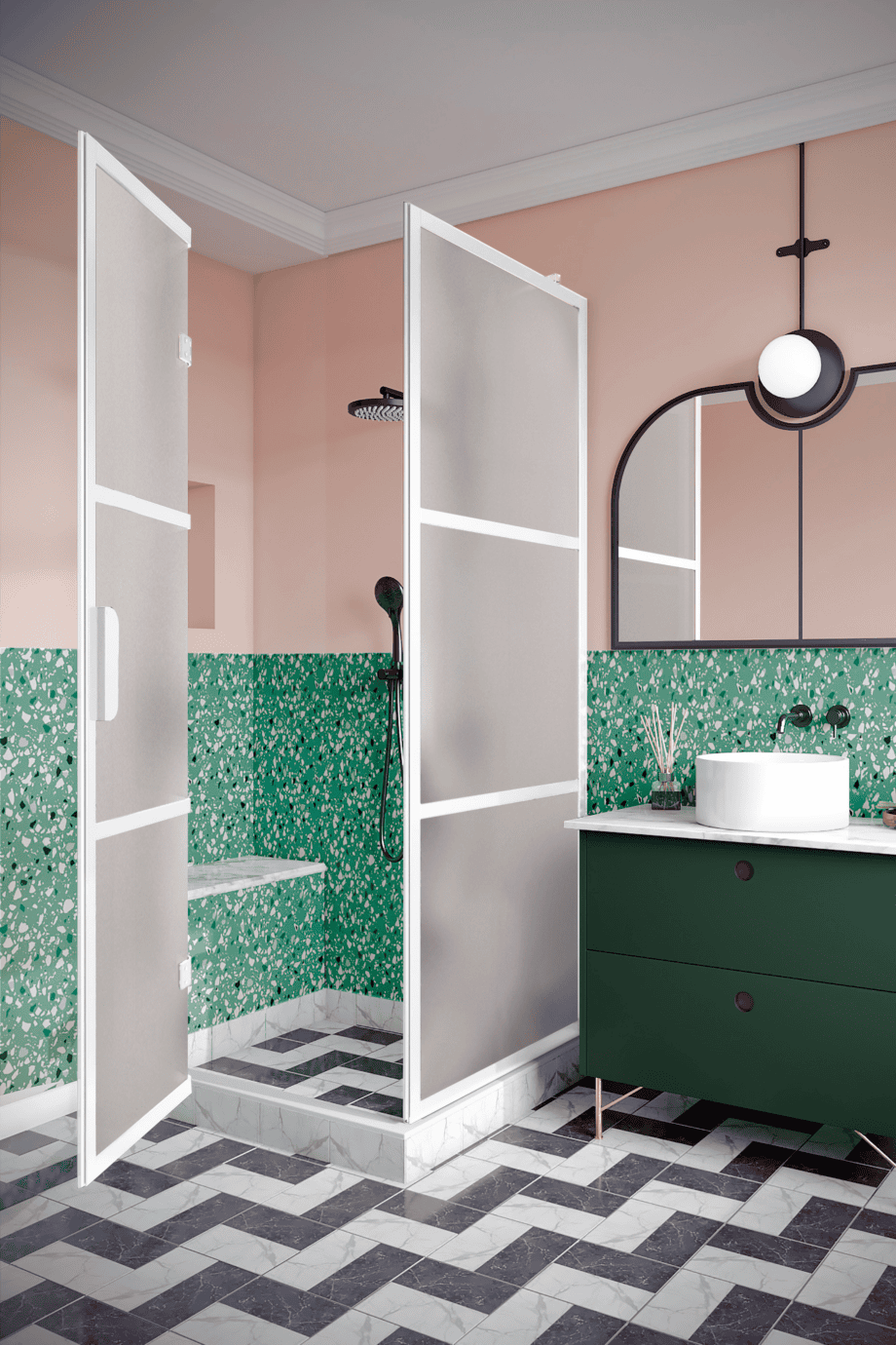 Shower enclosure Hietakari Bläk 888 Tokyo, white frame, satin frosted glass