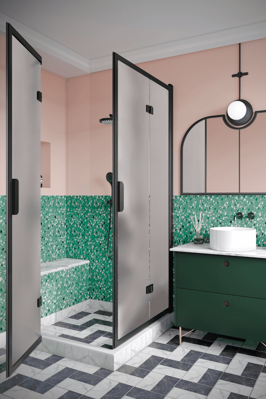 Shower enclosure Hietakari Bläk 899 New York, black frame, satin frosted glass