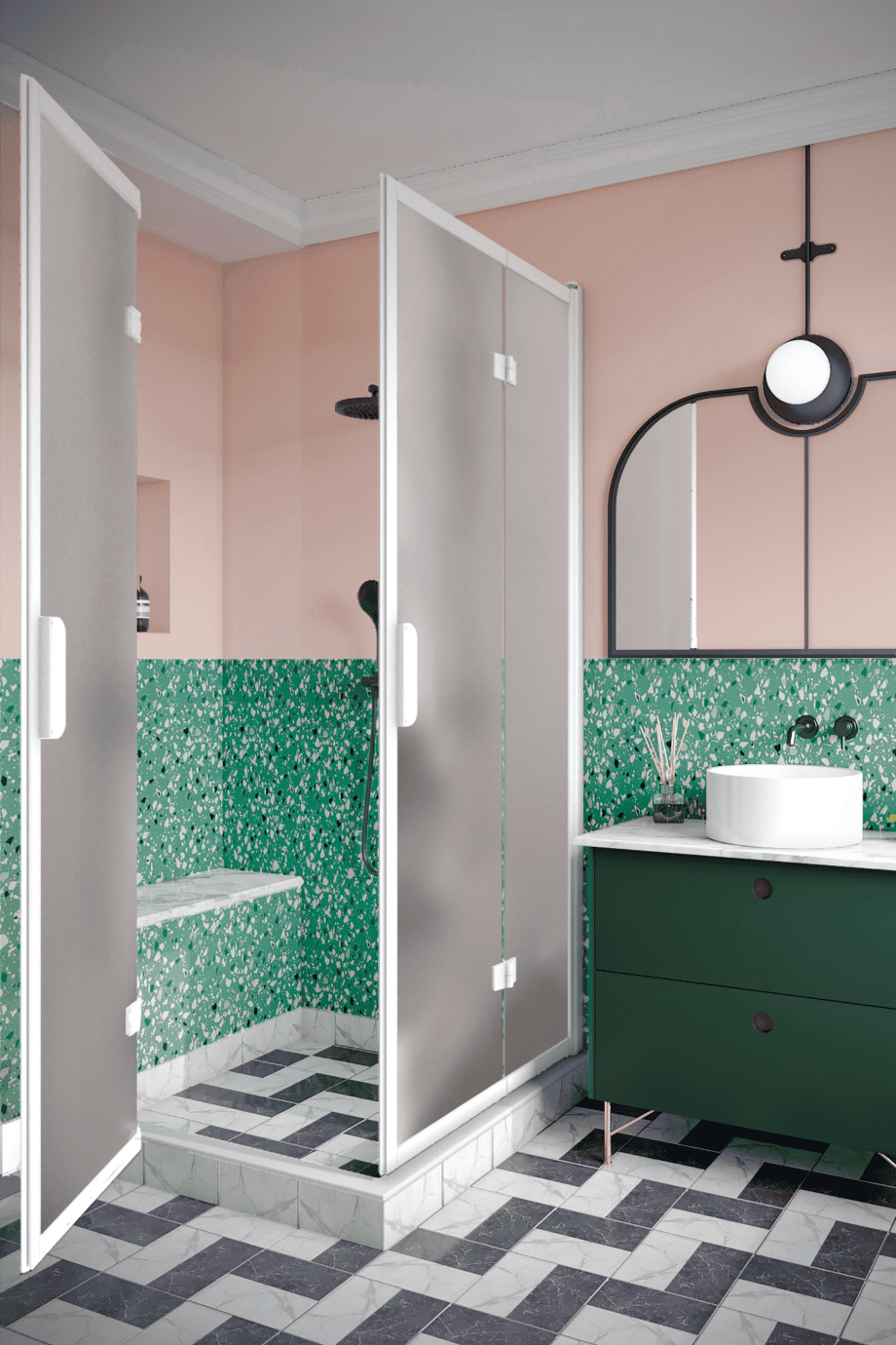 Shower enclosure Hietakari Bläk 899 New York, white frame, satin frosted glass