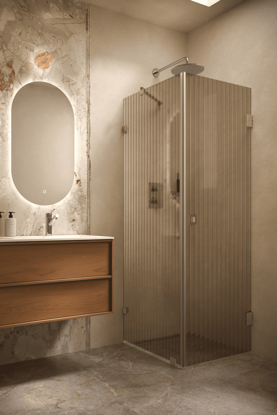 Shower enclosure Hietakari Vetro 540, brass fittings, brown reeded glass Shower enclosure Hietakari Vetro 540, brass fittings, brown reeded glass