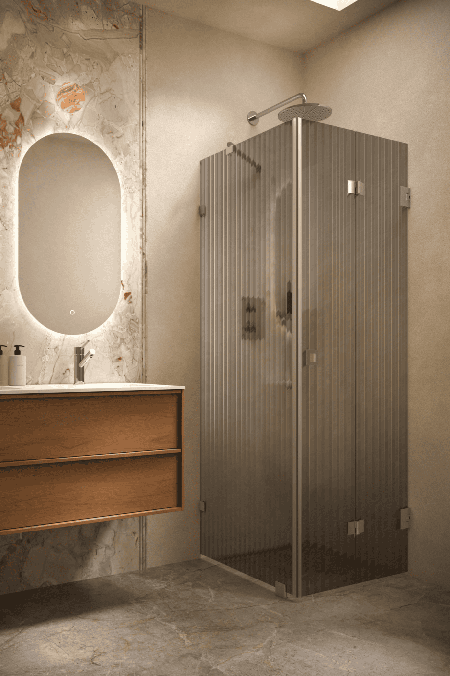 Shower enclosure Hietakari Vetro 541, brushed fittings, grey reeded glass Shower enclosure Hietakari Vetro 541, brushed fittings, grey reeded glass