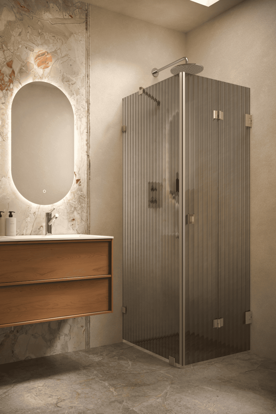 Shower enclosure Hietakari Vetro 541, brass fittings, grey reeded glass Shower enclosure Hietakari Vetro 541, brass fittings, grey reeded glass