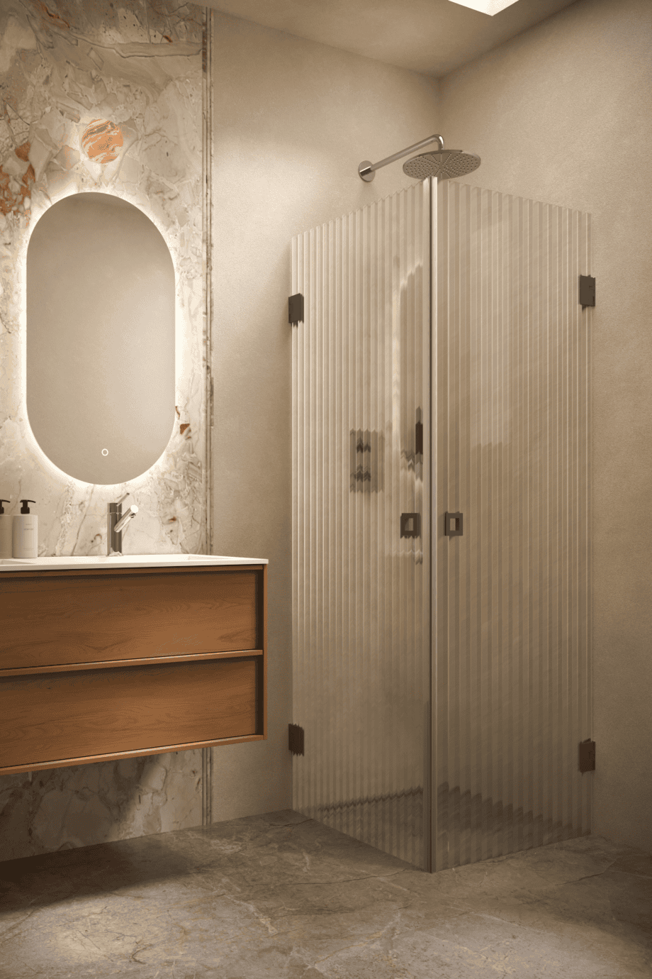 Shower enclosure Hietakari Vetro 543, Cocoa fittings, reeded glass