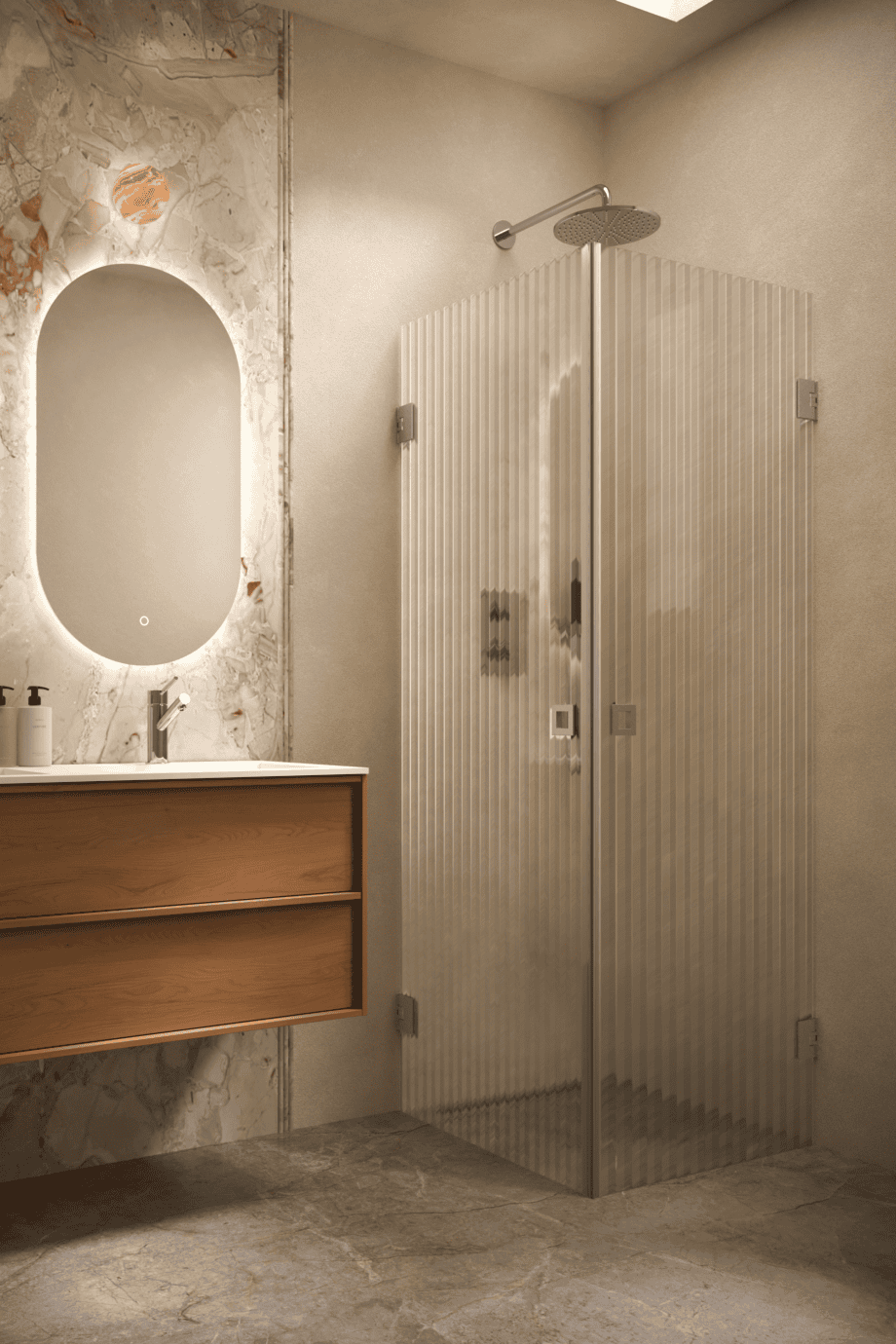 Shower enclosure Hietakari Vetro 543, brushed fittings, reeded glass