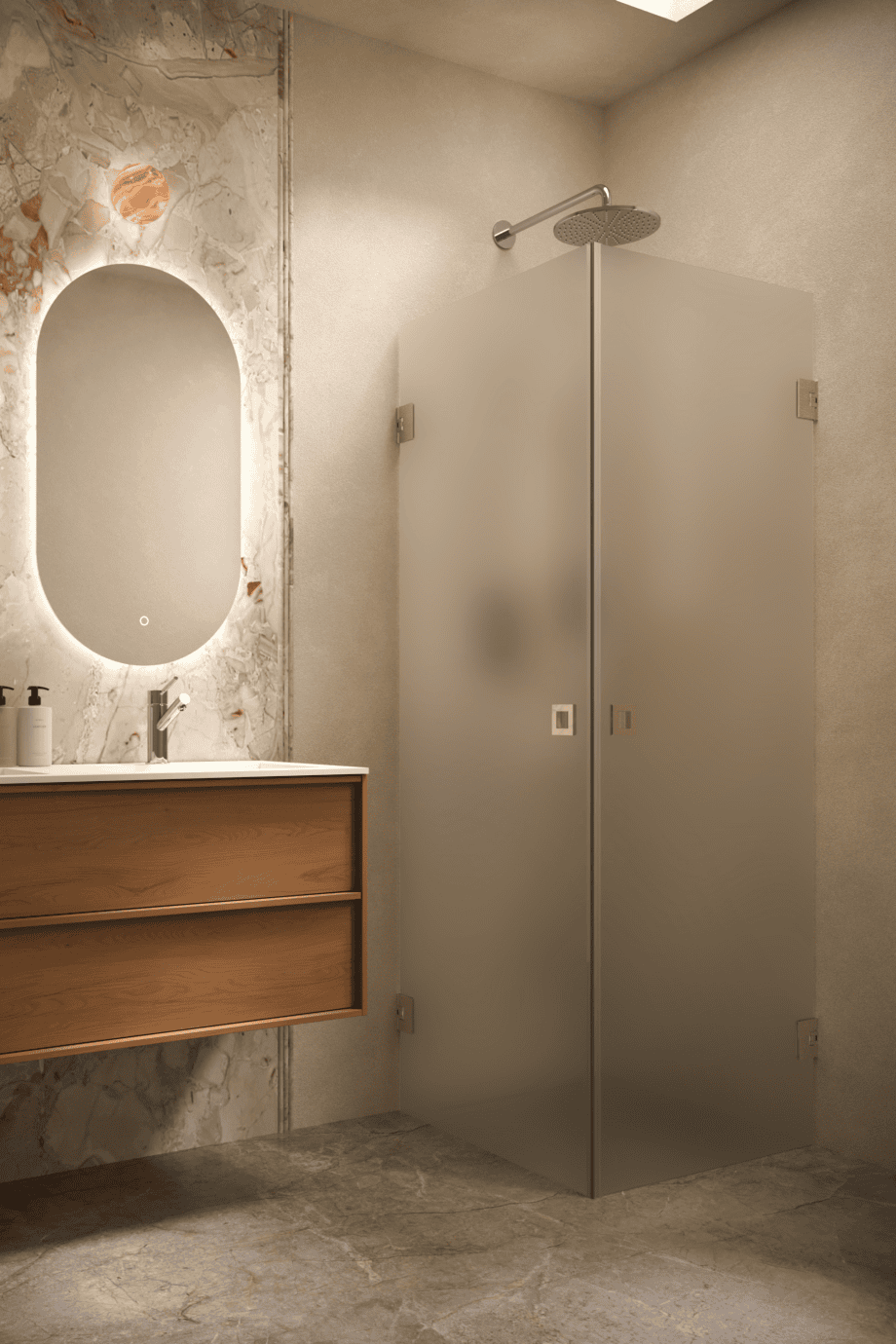 Shower enclosure Hietakari Vetro 543, brass fittings, satin frosted glass