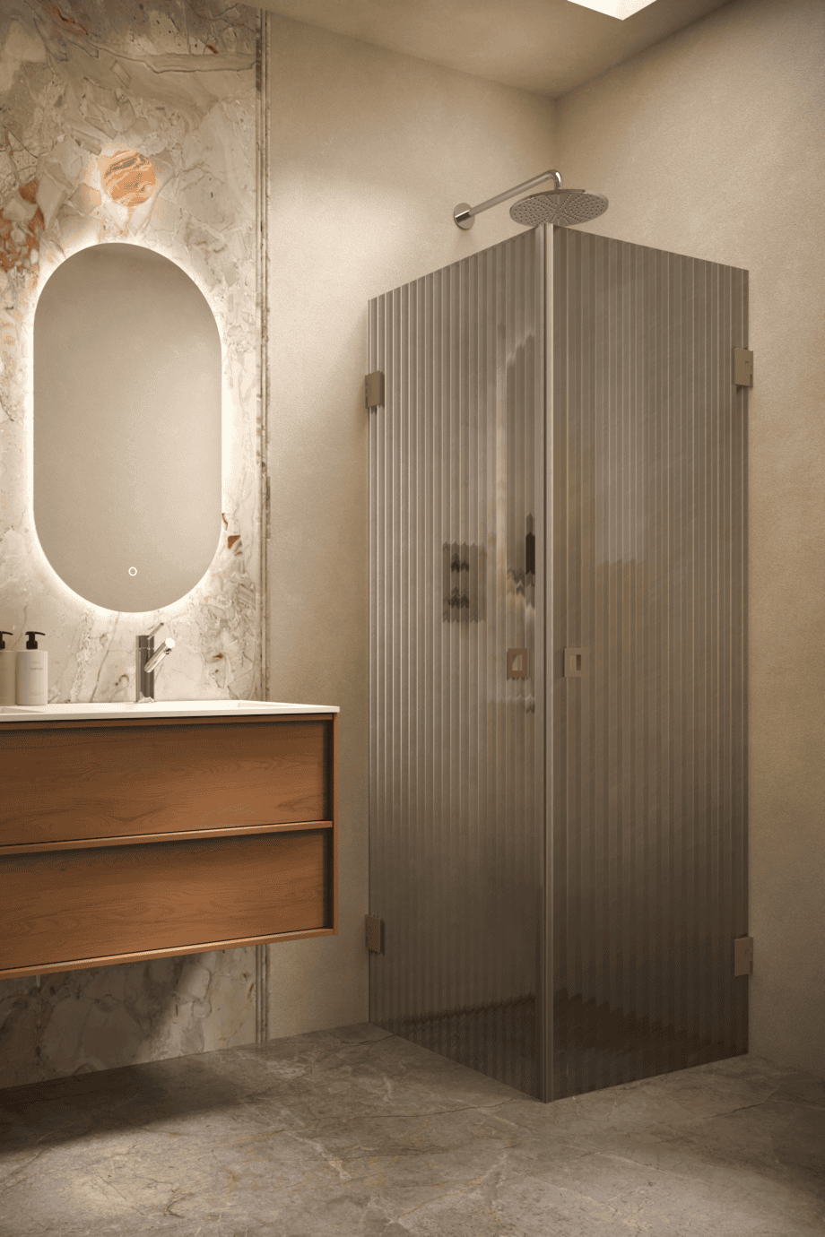 Shower enclosure Hietakari Vetro 543, Mocha fittings, grey reeded glass