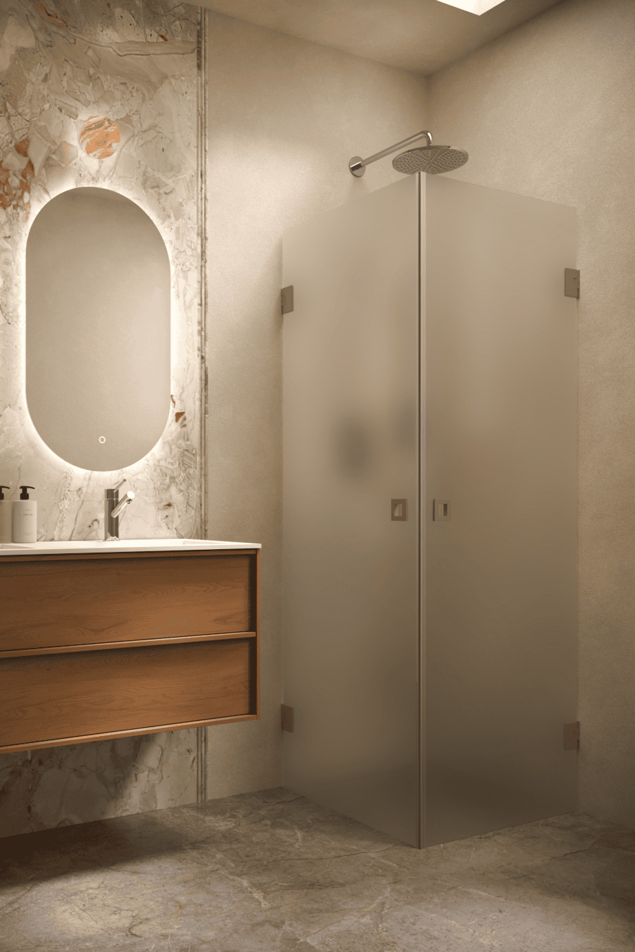 Shower enclosure Hietakari Vetro 543, Mocha fittings, satin frosted glass