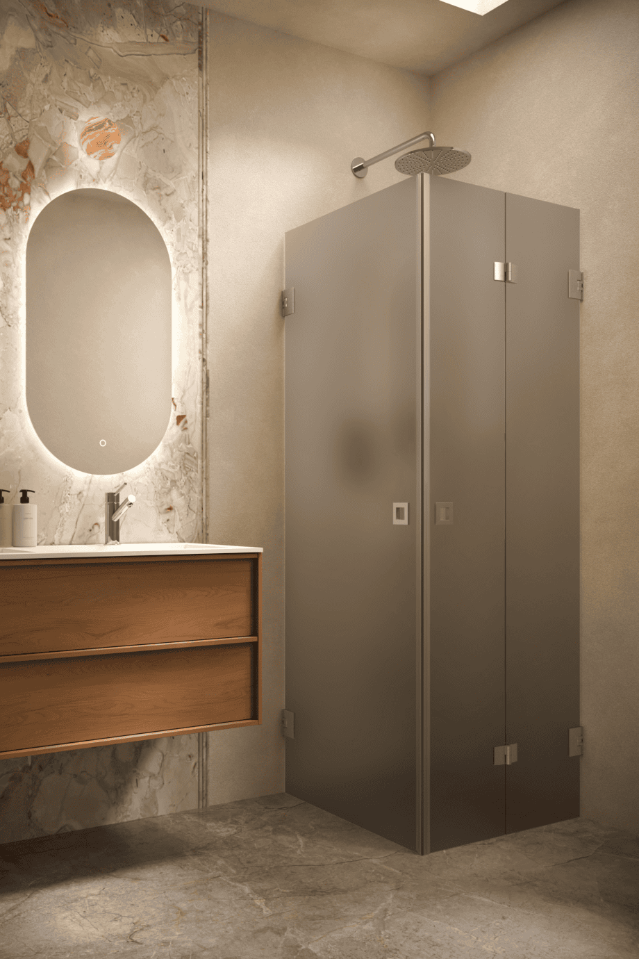 Shower enclosure Hietakari Vetro 544, brushed fittings, grey satin glass Shower enclosure Hietakari Vetro 544, brushed fittings, grey satin glass