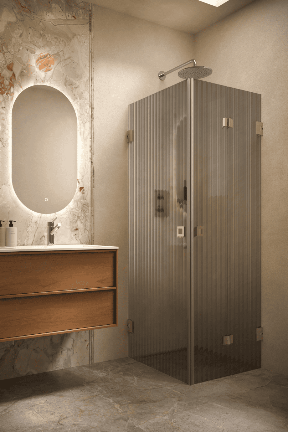 Shower enclosure Hietakari Vetro 544, brass fittings, grey reeded glass Shower enclosure Hietakari Vetro 544, brass fittings, grey reeded glass