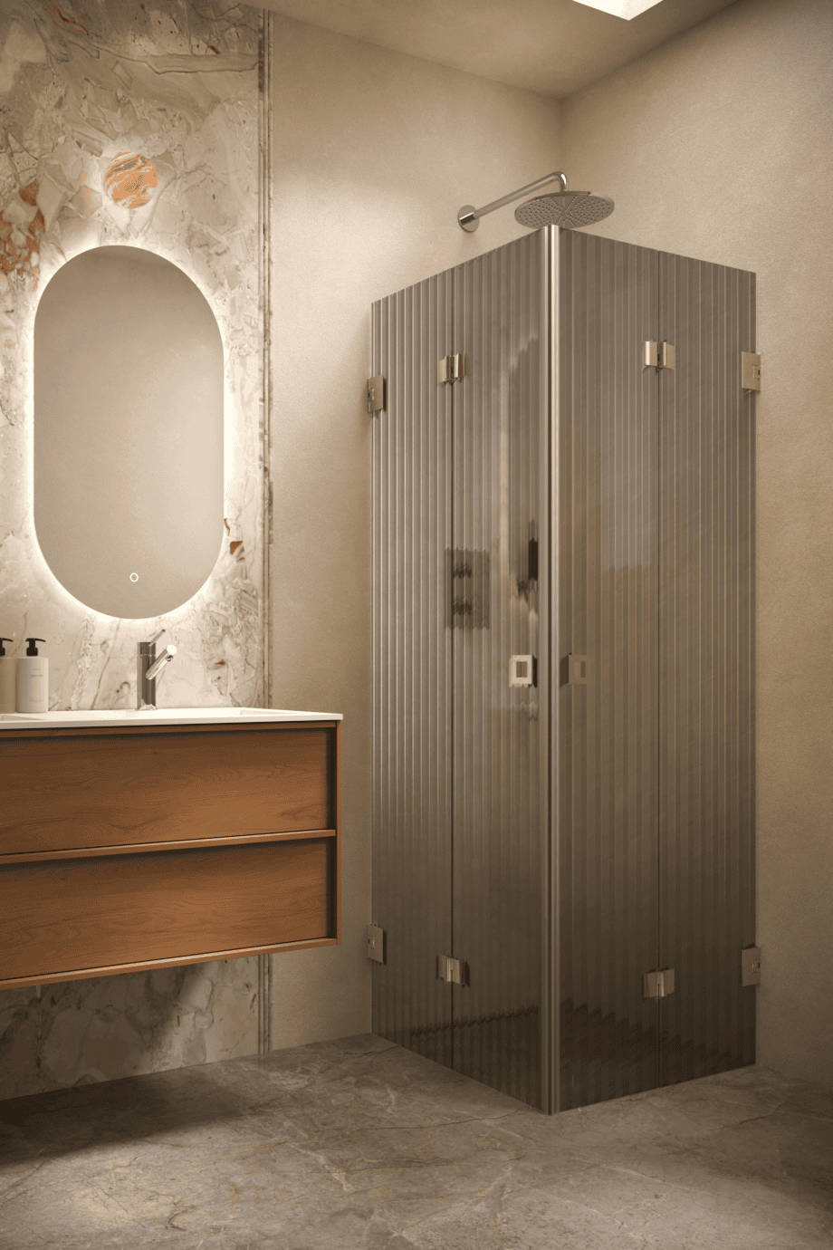 Shower enclosure Hietakari Vetro 546, brass fittings, grey reeded glass Shower enclosure Hietakari Vetro 546, brass fittings, grey reeded glass