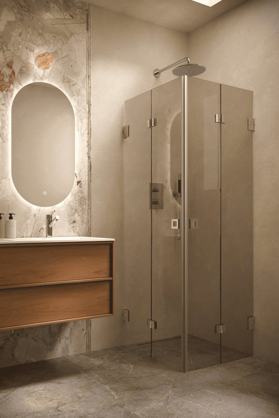 Shower enclosure Hietakari Vetro 546, brass fittings, bronze tinted glass Shower enclosure Hietakari Vetro 546, brass fittings, bronze tinted glass