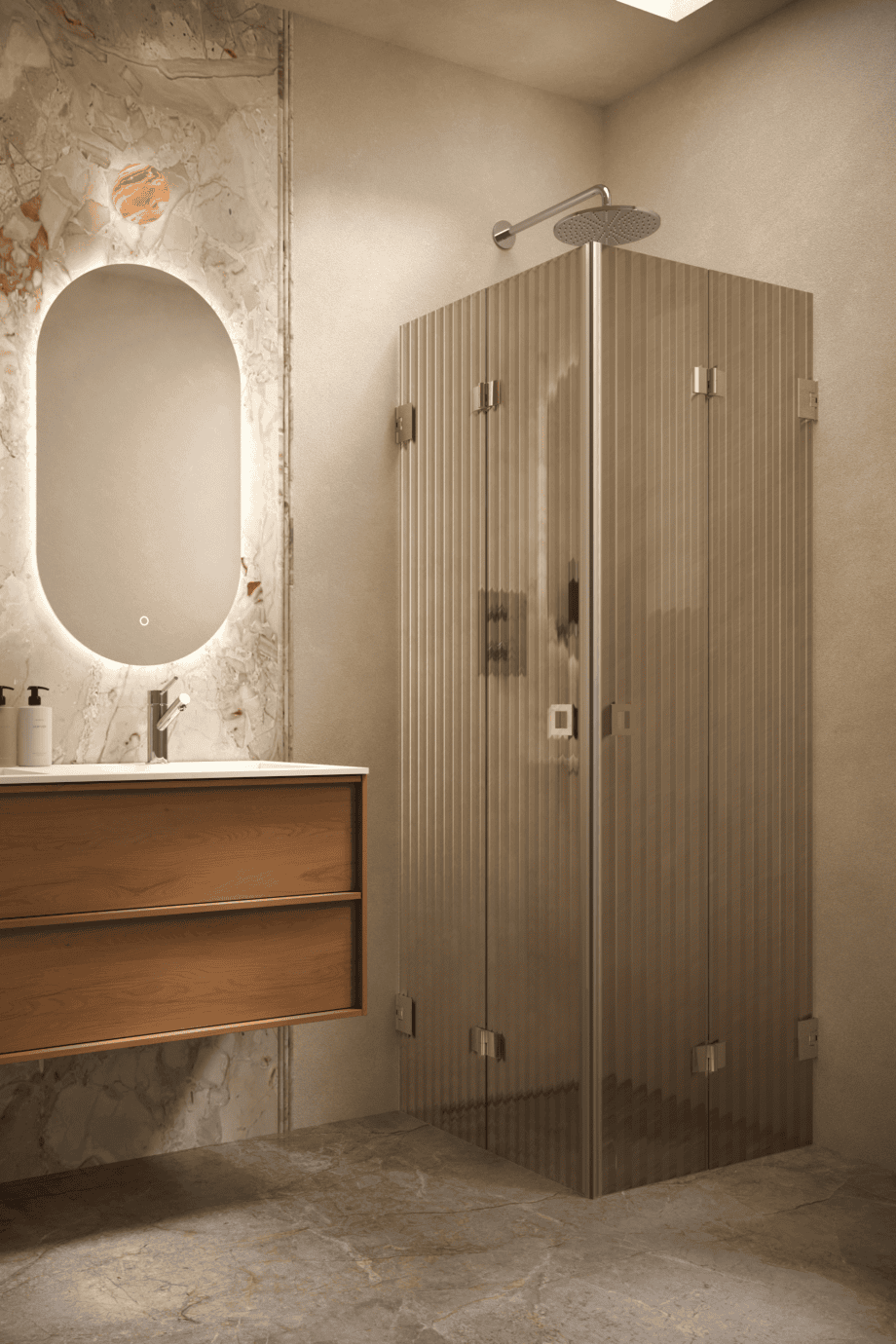 Shower enclosure Hietakari Vetro 546, brass fittings, brown reeded glass Shower enclosure Hietakari Vetro 546, brass fittings, brown reeded glass
