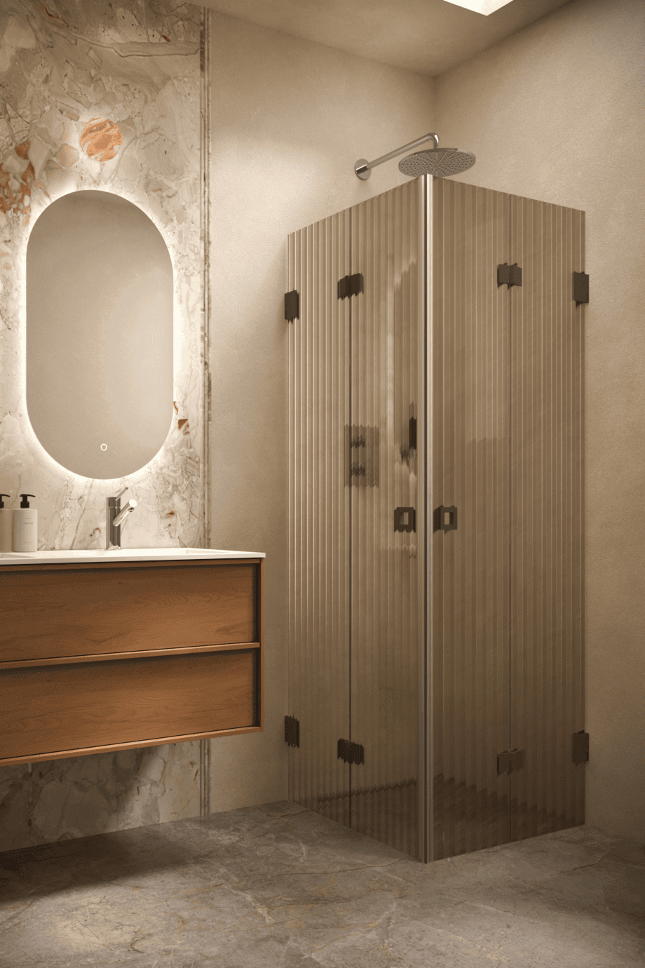 Shower enclosure Hietakari Vetro 546, black fittings, brown reeded glass Shower enclosure Hietakari Vetro 546, black fittings, brown reeded glass