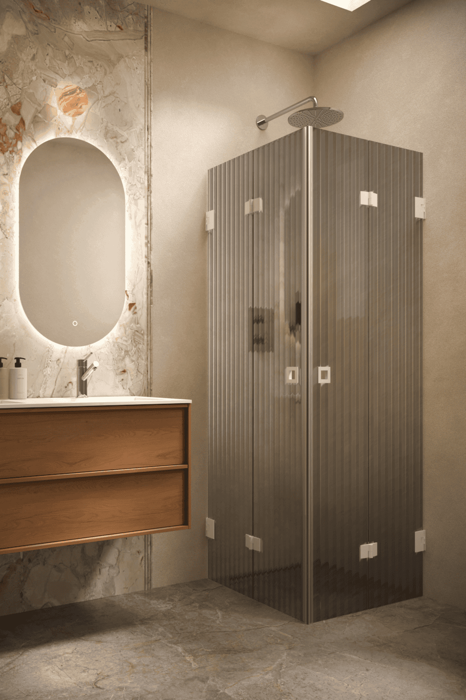 Shower enclosure Hietakari Vetro 546, white fittings, grey reeded glass Shower enclosure Hietakari Vetro 546, white fittings, grey reeded glass