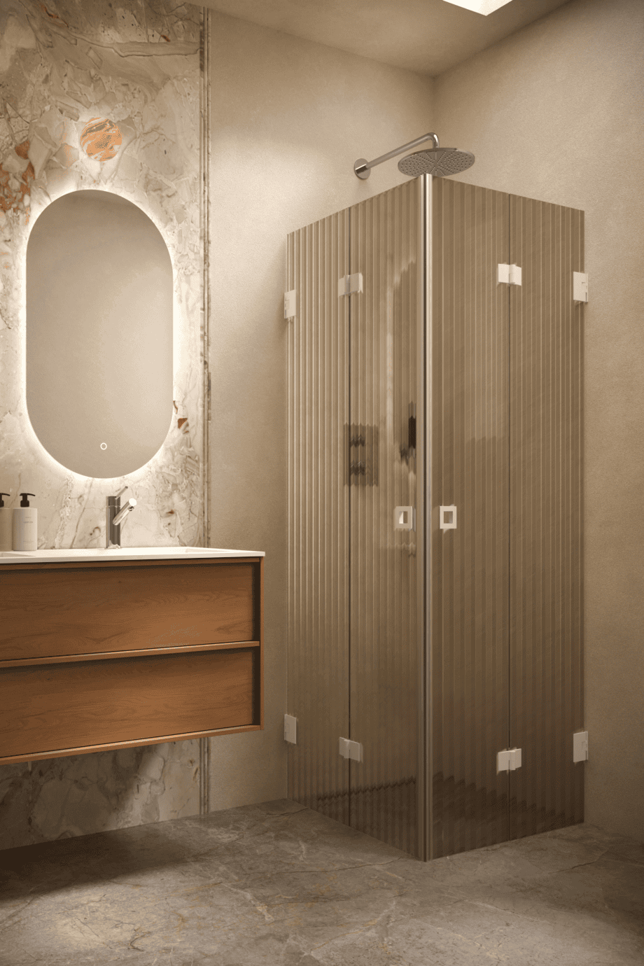 Shower enclosure Hietakari Vetro 546, white fittings, brown reeded glass Shower enclosure Hietakari Vetro 546, white fittings, brown reeded glass