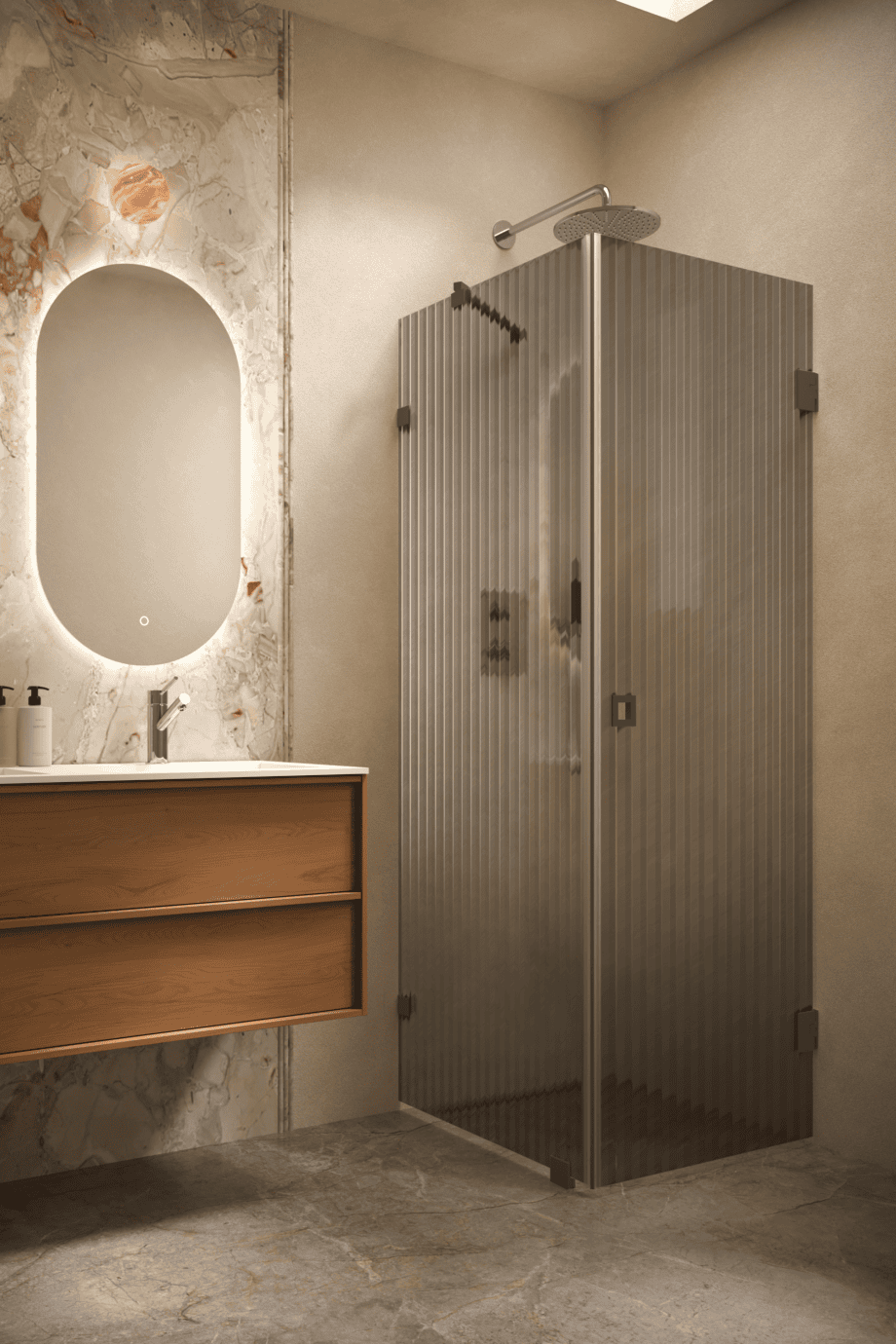 Shower enclosure Hietakari Vetro 548, Cocoa fittings, grey reeded glass Shower enclosure Hietakari Vetro 548, Cocoa fittings, grey reeded glass