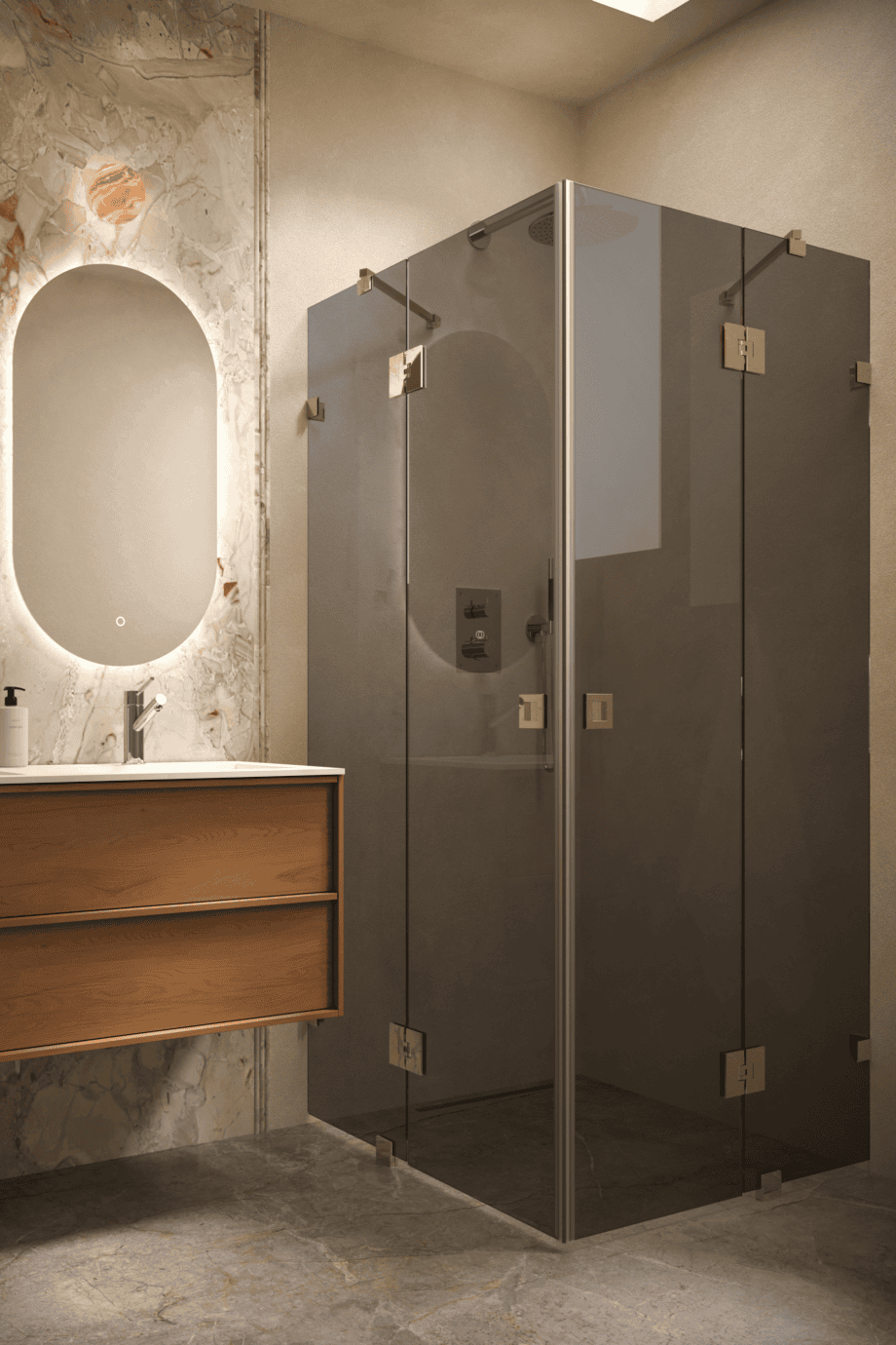 Shower enclosure Hietakari Vetro 548, brass fittings, black glass Shower enclosure Hietakari Vetro 548, brass fittings, black glass