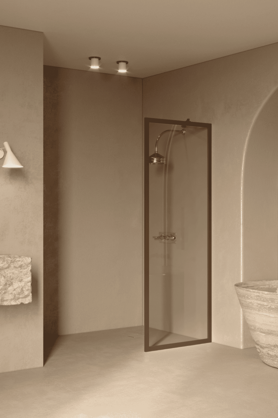 Fixed shower screen Hietakari Bläk 731 New York, Mocha frame, grey tinted glass Fixed shower screen Hietakari Bläk 731 New York, Mocha frame, grey tinted glass