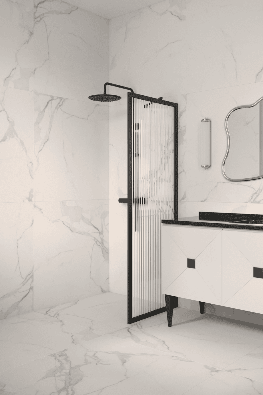Fixed shower screen Hietakari Bläk 731 New York, black frame, reeded glass Fixed shower screen Hietakari Bläk 731 New York, black frame, reeded glass