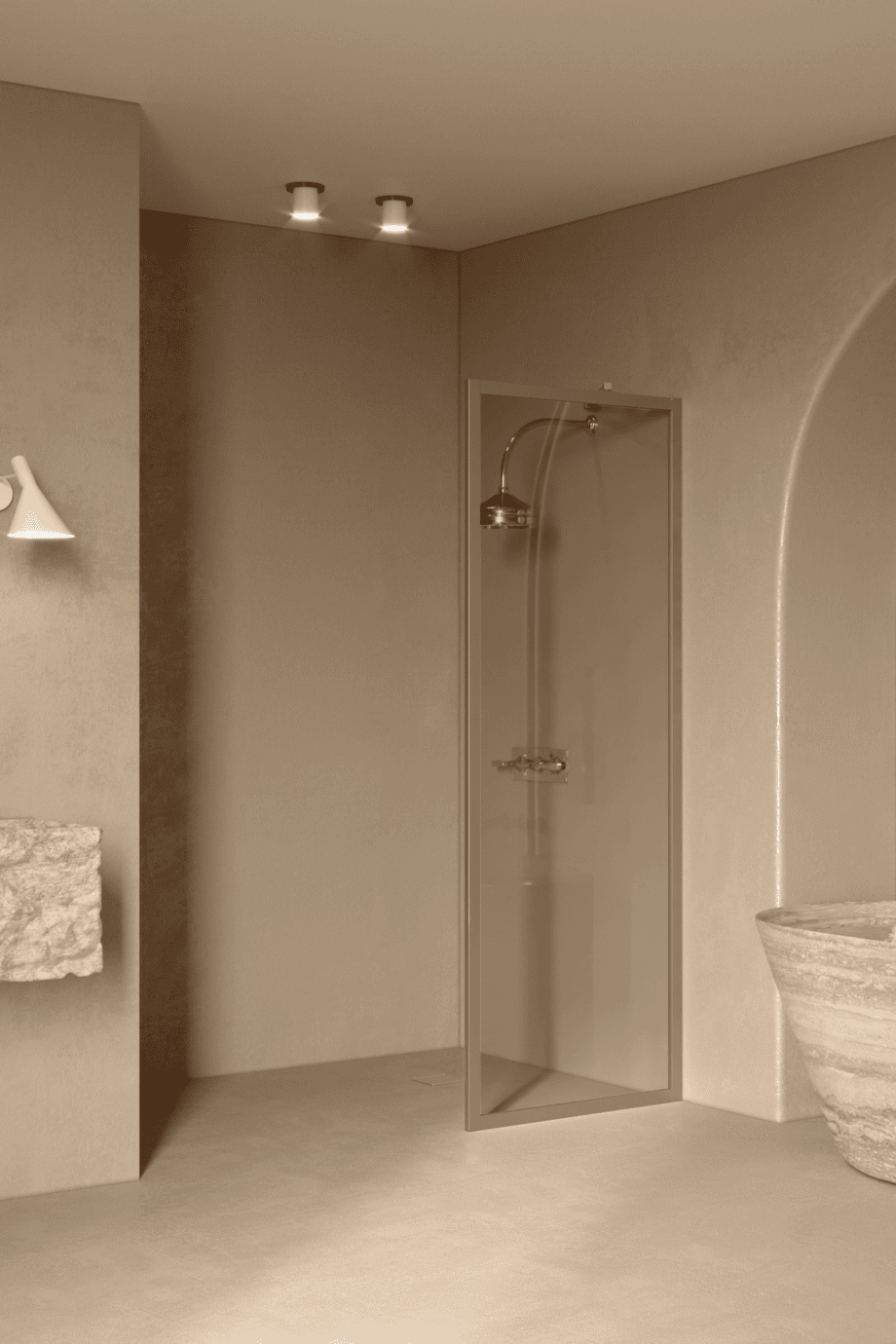 Fixed shower screen Hietakari Bläk 731 New York, Sand frame, grey tinted glass Fixed shower screen Hietakari Bläk 731 New York, Sand frame, grey tinted glass
