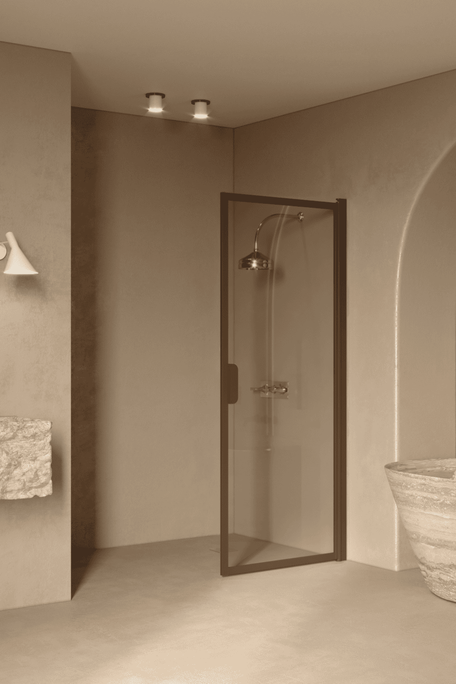 Hinged shower door Hietakari Bläk 732 New York, Mocha frame, grey tinted glass Hinged shower door Hietakari Bläk 732 New York, Mocha frame, grey tinted glass