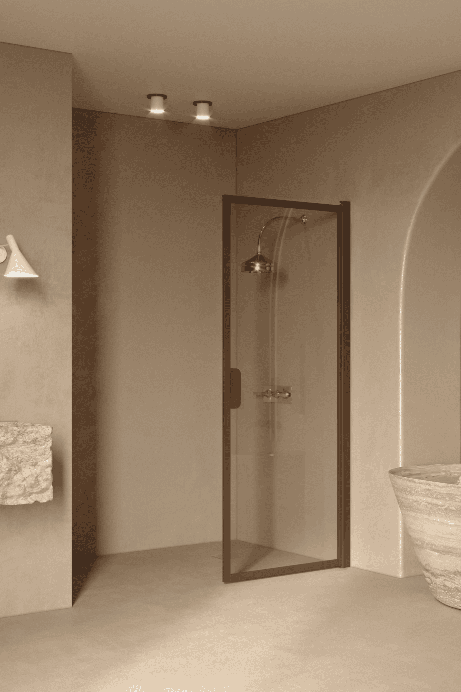 Hinged shower door Hietakari Bläk 732 New York, Mocha frame, bronze tinted glass Hinged shower door Hietakari Bläk 732 New York, Mocha frame, bronze tinted glass