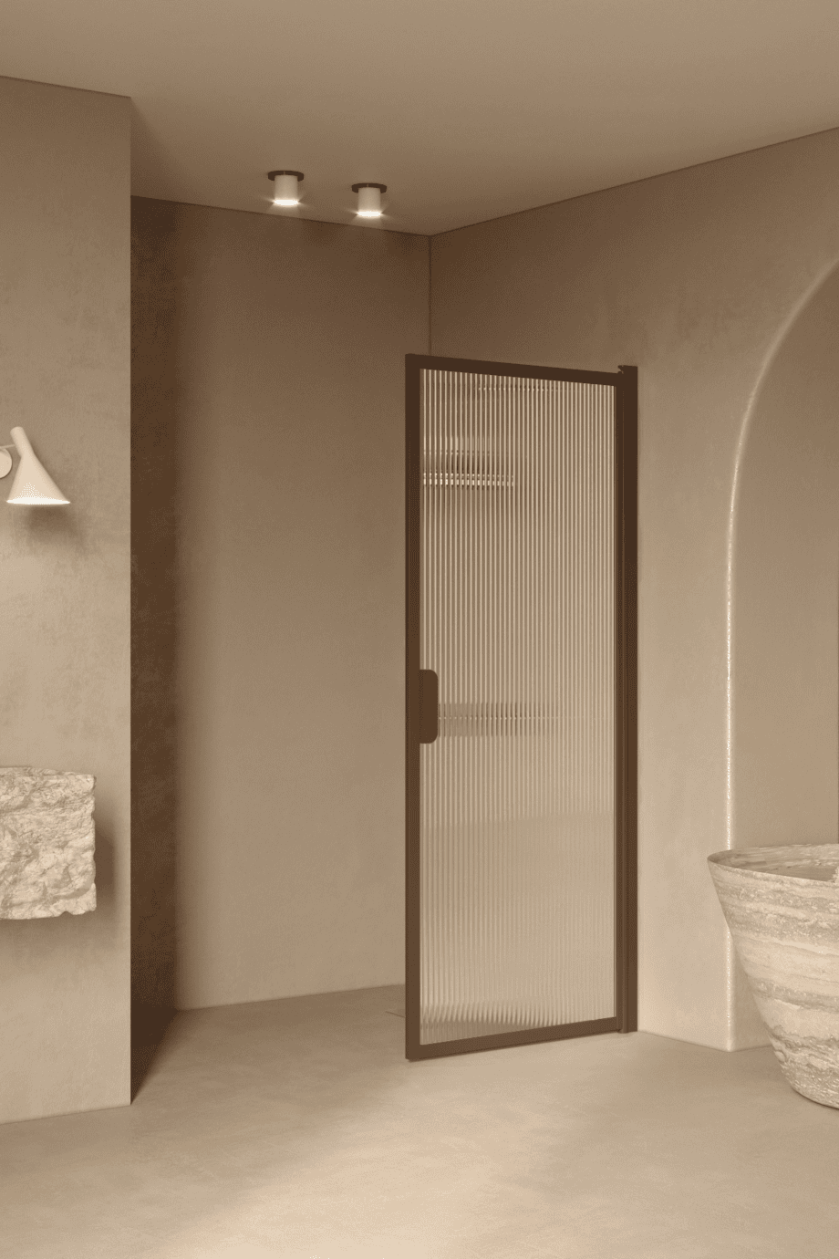 Hinged shower door Hietakari Bläk 732 New York, Mocha frame, reeded glass Hinged shower door Hietakari Bläk 732 New York, Mocha frame, reeded glass