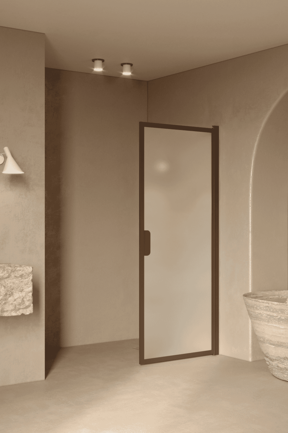 Hinged shower door Hietakari Bläk 732 New York, Mocha frame, satin frosted glass Hinged shower door Hietakari Bläk 732 New York, Mocha frame, satin frosted glass