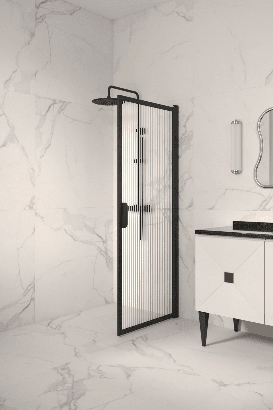 Hinged shower door Hietakari Bläk 732 New York, black frame, reeded glass Hinged shower door Hietakari Bläk 732 New York, black frame, reeded glass