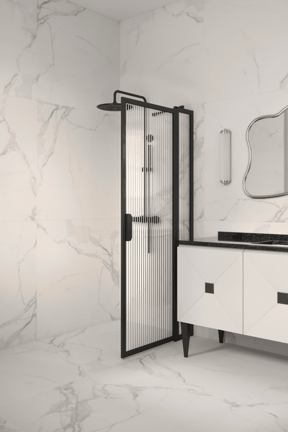 Hinged shower screen with fixed part Hietakari Bläk 733 New York, black frame, reeded glass