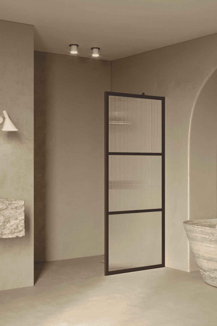 Fixed shower screen Hietakari Bläk 734 Tokyo, Cocoa frame, reeded glass Fixed shower screen Hietakari Bläk 734 Tokyo, Cocoa frame, reeded glass